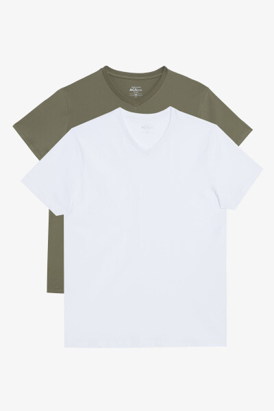 Мужская бело-хаки двойка V-образный вырез 100% хлопок Slim Fit облегающая базовая футболка - 1