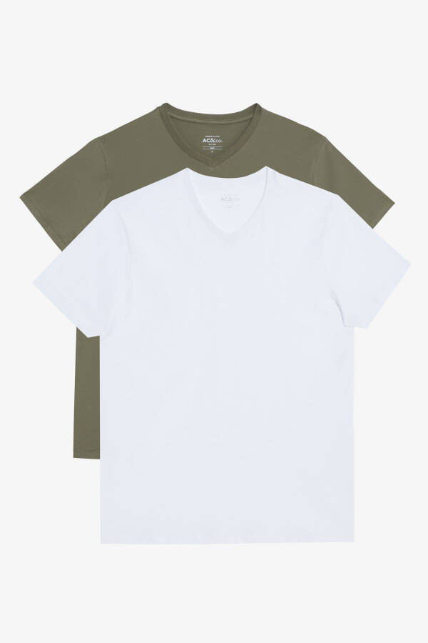 Мужская бело-хаки двойка V-образный вырез 100% хлопок Slim Fit облегающая базовая футболка - 1