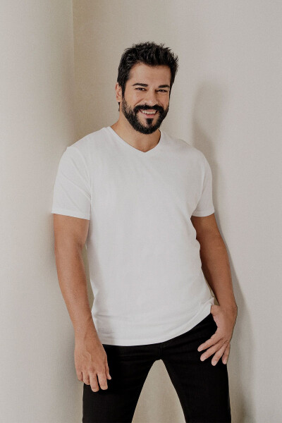 Мужская бело-хаки двойка V-образный вырез 100% хлопок Slim Fit облегающая базовая футболка - 2