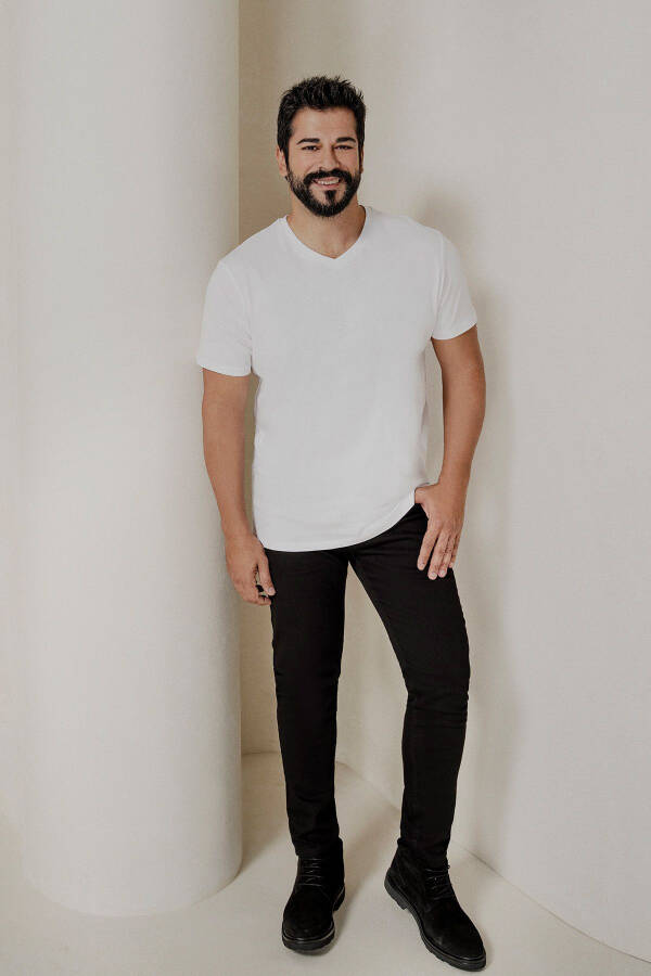 Мужская бело-хаки двойка V-образный вырез 100% хлопок Slim Fit облегающая базовая футболка - 4