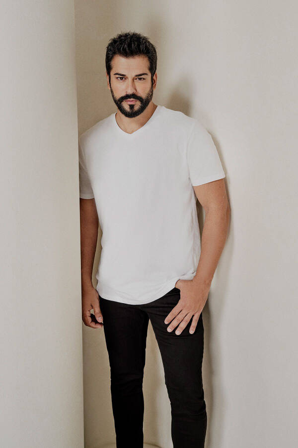Мужская бело-хаки двойка V-образный вырез 100% хлопок Slim Fit облегающая базовая футболка - 6