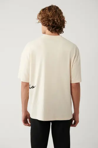 Мужская бежевая футболка оверсайз с принтом и воротником поло A41y1038 - 4