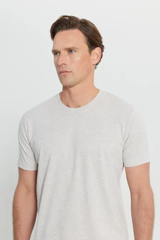 Мужская бежевая меланжевая хлопковая облегающая узкая футболка с круглым вырезом - БЕЖЕВЫЙ МЕЛАНЖ - 7