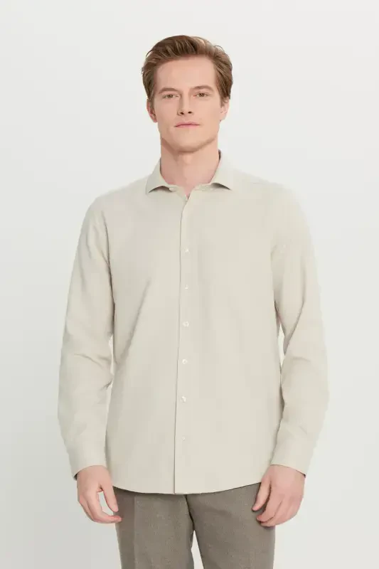 Мужская бежевая немнущаяся приталенная рубашка Slim Fit с итальянским воротником и текстурой - Бежевый - 3