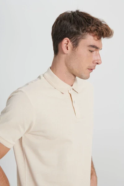 Мужская бежево-экрю slim fit футболка поло 100% хлопок. - 5