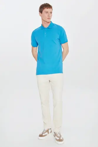 Мужская бирюзовая 100% хлопковая немнущаяся рубашка-поло Slim Fit облегающего кроя - 6