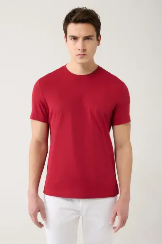 Мужская бордовая футболка из 100% хлопка, дышащая, с круглым вырезом, регулярная посадка E001000 - 3