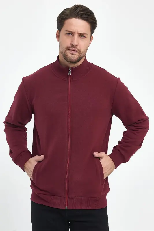 Мужская бордовая кофта на молнии с воротником-стойкой и боковыми карманами с хлопковой подкладкой-БОРДО - 2