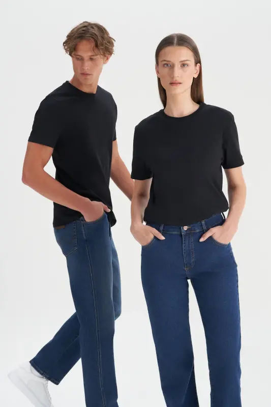 Мужская черная футболка из 100% хлопка Slim Fit с круглым вырезом - 2