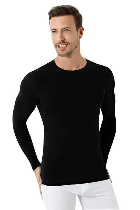 Мужская черная футболка с круглым вырезом, длинным рукавом, стандартным кроем (2 шт.) 100% хлопок - 3