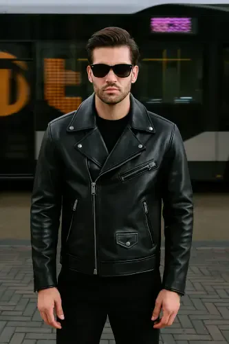 Мужская черная кожаная куртка без подкладки с поясом - 1