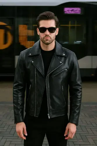 Мужская черная кожаная куртка без подкладки с поясом - 2
