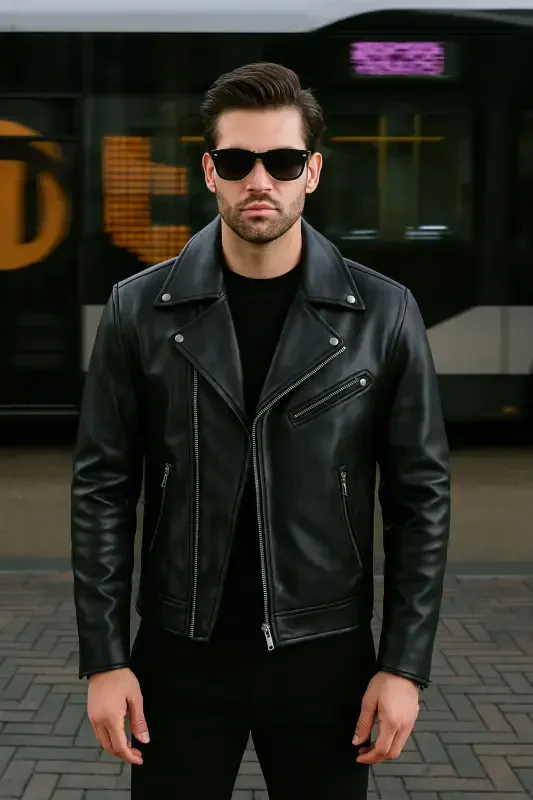 Мужская черная кожаная куртка без подкладки с поясом - 2