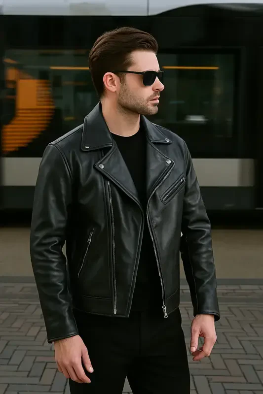 Мужская черная кожаная куртка без подкладки с поясом - 3