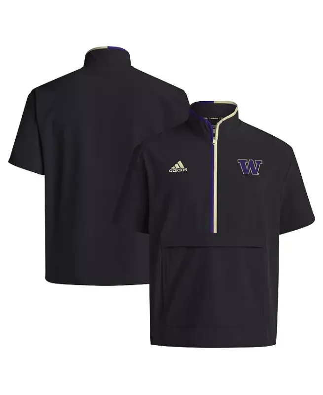 Мужская черная куртка Washington Huskies 2024 Coaches Sideline Half-Zip Short Sleeve Jacket-Black - ADIDAS
