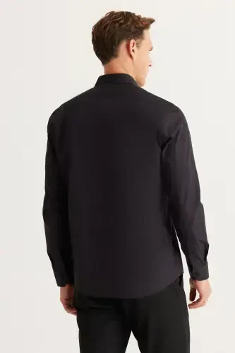 Мужская черная немнущаяся приталенная рубашка Slim Fit с классическим воротником из хлопка – Черная - 7