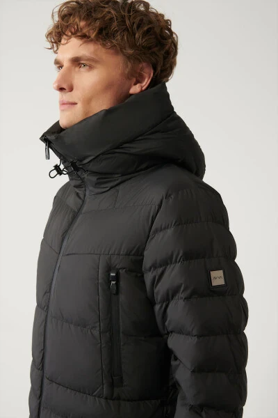 Мужская черная пуховая куртка водоотталкивающая ветрозащитная с термометром и капюшоном Comfort Fit A32y6017 - 3