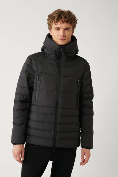 Мужская черная пуховая куртка водоотталкивающая ветрозащитная с термометром и капюшоном Comfort Fit A32y6017 - 4