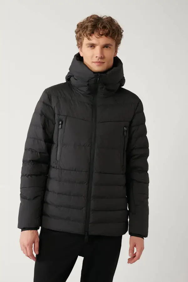 Мужская черная пуховая куртка водоотталкивающая ветрозащитная с термометром и капюшоном Comfort Fit A32y6017 - 4