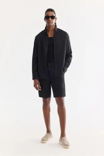 Мужская черная рубашка Comfort Fit из 100% льна с воротником на пуговицах B002191-черный - 5