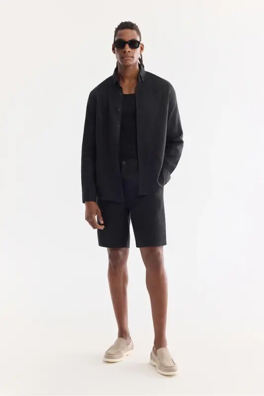 Мужская черная рубашка Comfort Fit из 100% льна с воротником на пуговицах B002191-черный - 5
