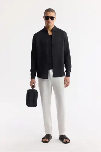 Мужская черная рубашка Comfort Fit из 100% льна с воротником на пуговицах B002191-черный - 7