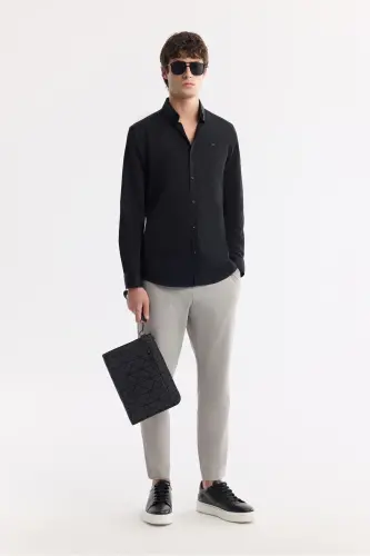 Мужская Черная Рубашка Классический Воротник 100% Хлопок Атлас Slim Fit B002006 - 7