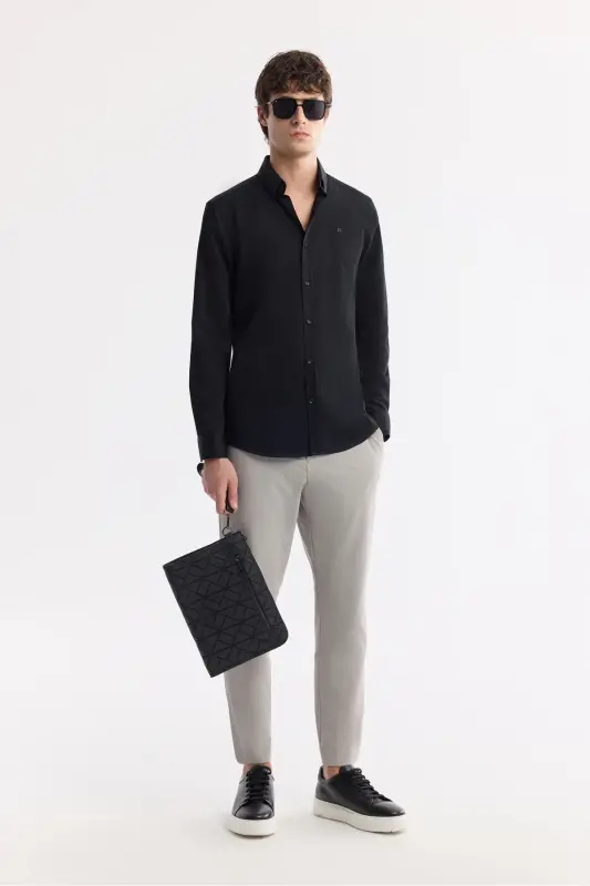 Мужская Черная Рубашка Классический Воротник 100% Хлопок Атлас Slim Fit B002006 - 7