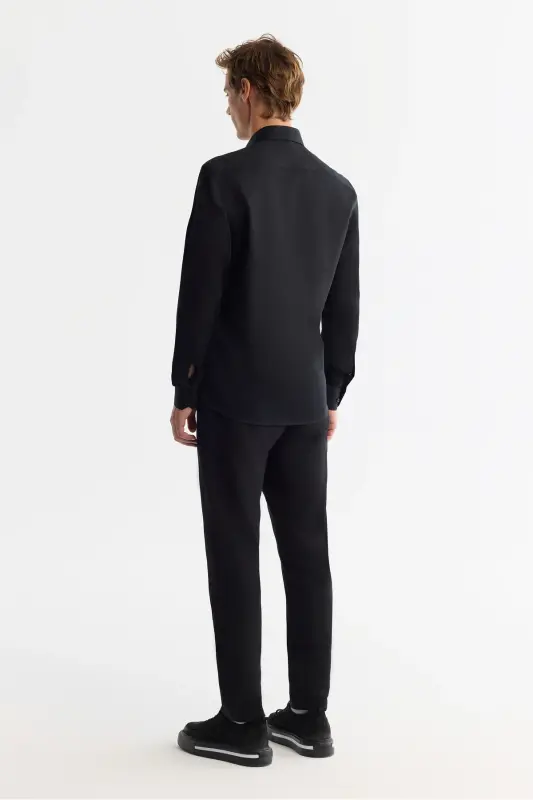 Мужская Черная Рубашка Классический Воротник 100% Хлопок Атлас Slim Fit B002006 - 4