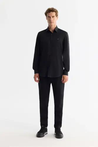 Мужская Черная Рубашка Классический Воротник 100% Хлопок Атлас Slim Fit B002006 - 5
