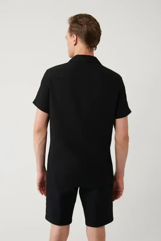 Мужская черная рубашка с отложным воротником, коротким рукавом, жаккардовой текстурой, Regular Fit A41y2092 - 4