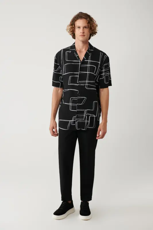 Мужская черная рубашка с воротником Апаж, с принтом, из вискозы, свободного кроя A41y2149 - 5