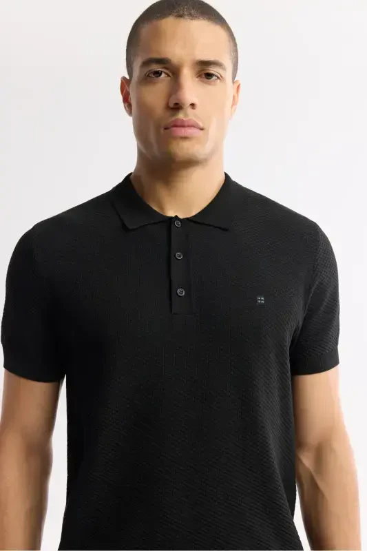Мужская черная трикотажная футболка-поло с текстурой Regular Fit, B005120-Черный - 2
