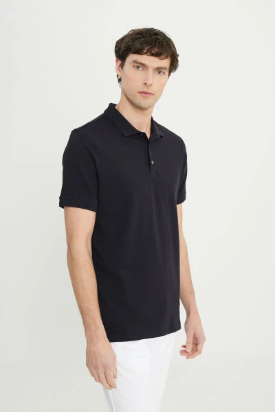 Мужская черная хлопковая футболка-поло Slim Fit с жаккардовым узором. - 3