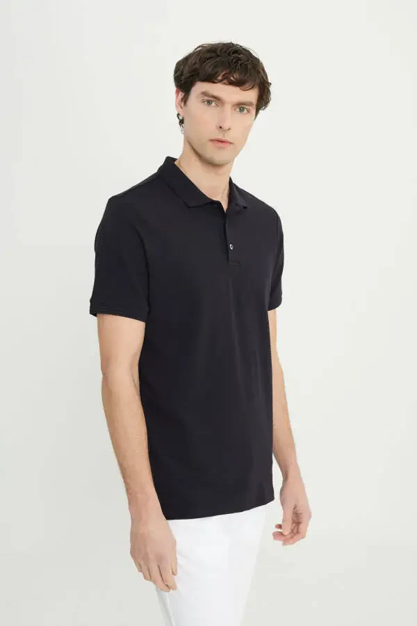 Мужская черная хлопковая футболка-поло Slim Fit с жаккардовым узором. - 3