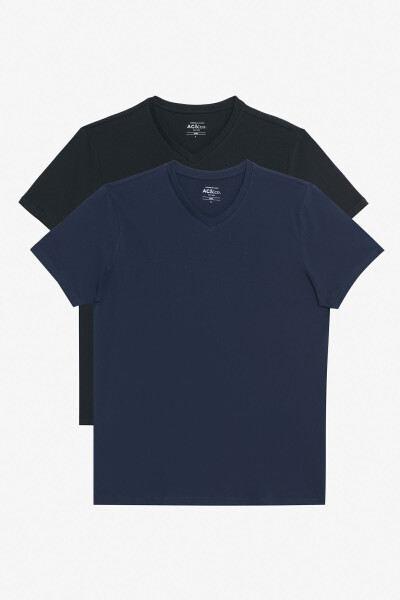Мужская черно-синяя двойка V-образный вырез 100% хлопок Slim Fit облегающая базовая футболка - 1