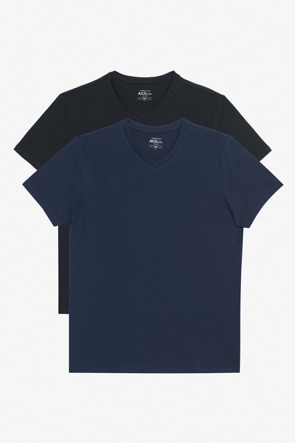 Мужская черно-синяя двойка V-образный вырез 100% хлопок Slim Fit облегающая базовая футболка - 1