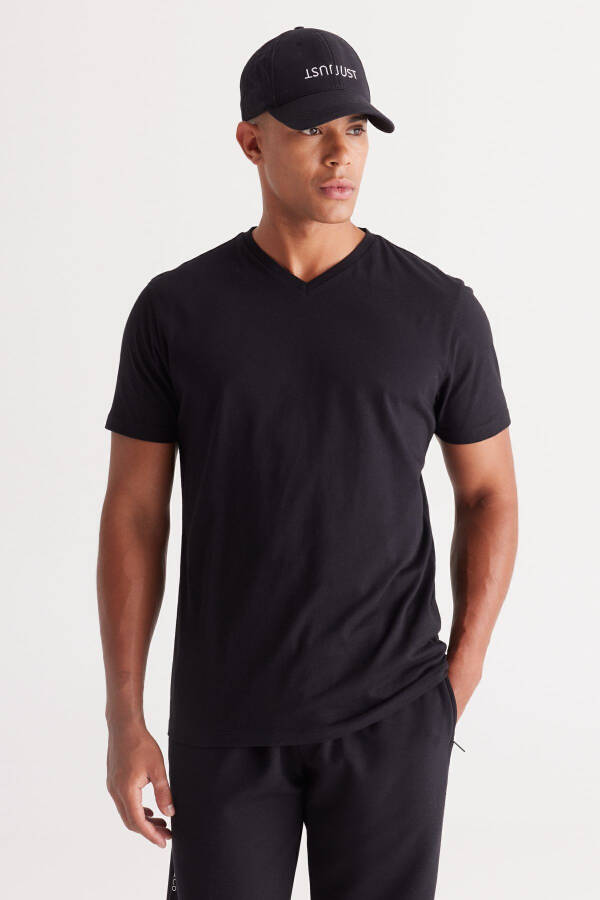 Мужская черно-синяя двойка V-образный вырез 100% хлопок Slim Fit облегающая базовая футболка - 3
