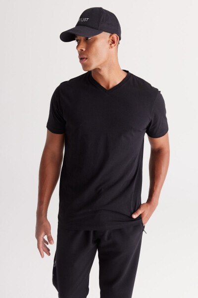 Мужская черно-синяя двойка V-образный вырез 100% хлопок Slim Fit облегающая базовая футболка - 7
