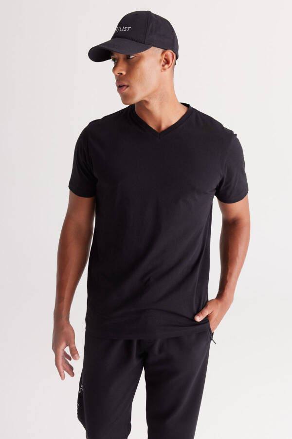 Мужская черно-синяя двойка V-образный вырез 100% хлопок Slim Fit облегающая базовая футболка - 7