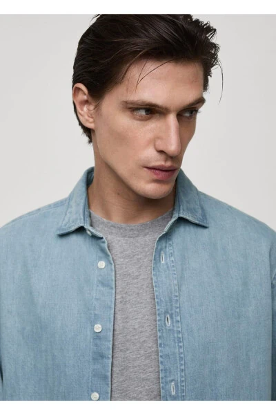 Мужская Джинсовая Рубашка Прямого Покроя - 8