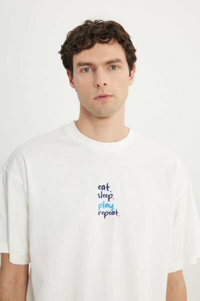 Мужская Экрю 100% Хлопок Oversize Fit Свободный Крой Круглый Вырез Футболка с Принтом - 4