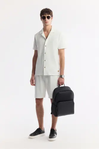 Мужская экрю приталенная жаккардовая рубашка с воротником апаш, короткий рукав, трикотаж A51y2144-Ekru - 8