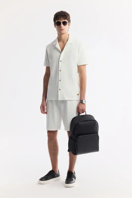 Мужская экрю приталенная жаккардовая рубашка с воротником апаш, короткий рукав, трикотаж A51y2144-Ekru - 8