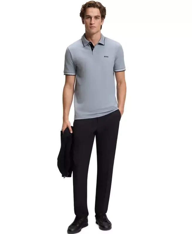 Мужская эластичная хлопковая рубашка поло зауженного кроя — оранжевая - 8