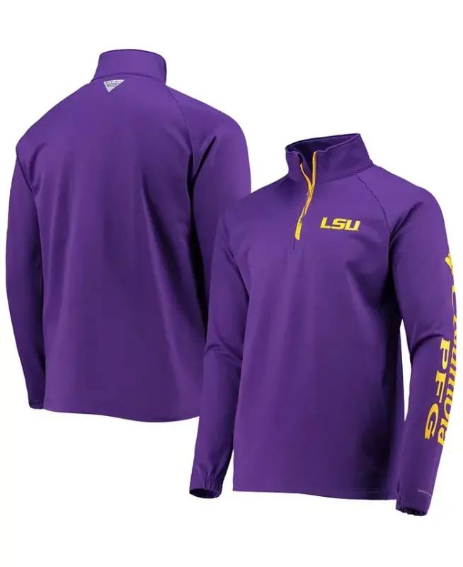 Men's LSU Tigers Terminal Tackle Fleece Raglan Omni-Shade Quarter-Zip Jacket - COLUMBIA