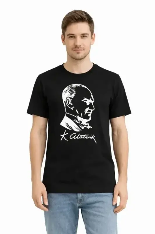 Мужская футболка Atatürk с принтом, короткий рукав, круглый вырез - Черная - 1