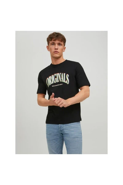 Мужская футболка Jack & Jones с круглым вырезом, короткими рукавами, принтом, черная - JACK & JONES