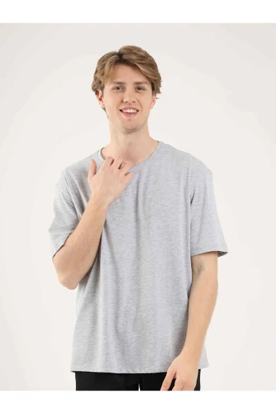 Мужская футболка оверсайз из серого меланжа с круглым вырезом - 70918 - 8