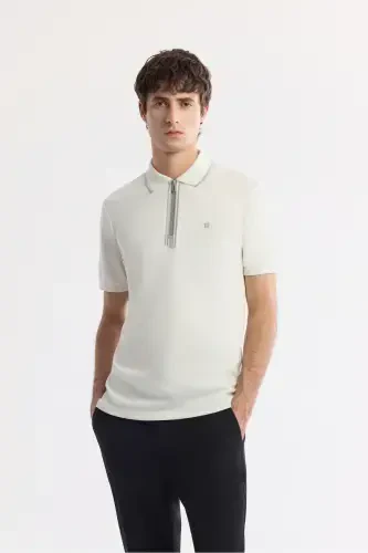Мужская футболка-поло цвета экрю с принтом из ткани интерлок стрейч A51y1007-Ekru - 1
